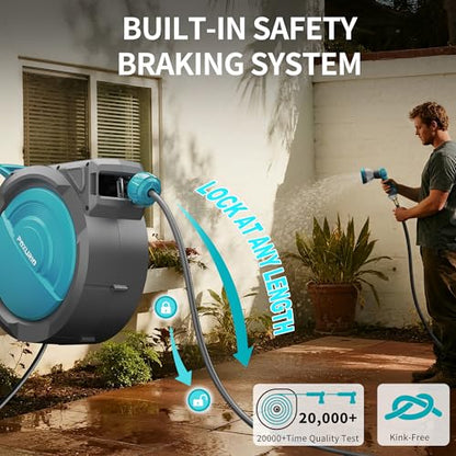 1/2" 110FT Retractable Garden Hose Reel, Wall Mounted Automatic Hose Reel with Upgraded 10 Pattern Nozzle/Any Length Lock/Slow Return System/180°Swivel Bracket, AquaBlue - size: 110FT-1/2"