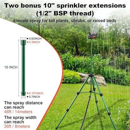 Oscillating Sprinkler Head on Telescoping Tripod Base with 2 Sprinkler Extensions, Heavy Duty Lawn Sprinklers, 360° Large Area Irrigation, Solid Metal Extension Legs & Skidproof Design - style: Oscillating Sprinkler Head