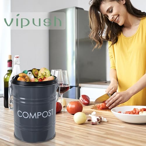 Vipush Compost Bin Kitchen Countertop Composter with lid – Small Compost ContainerI Includes Inner Compost Bucket Liner & Charcoal Filter, Grey
