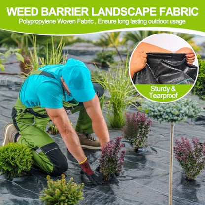 Weed Barrier Fabric 3ft x 50ft (2 Pack), 3.2oz Heavy Duty Landscape Fabric with 20 U-Shaped Stakes, Commercial Grade Weed Control for Garden, Lawn, Flower Bed - size: 3X50X2Pack+20Pegs