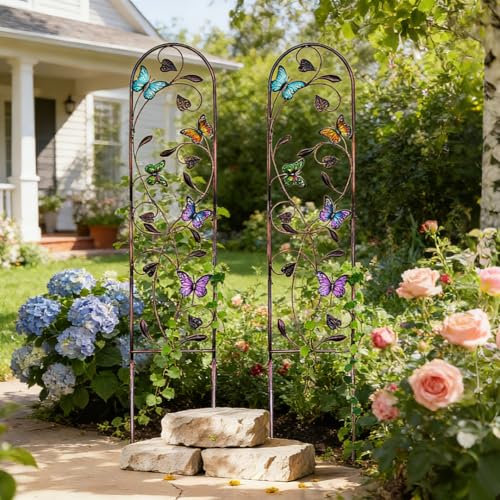 2 Pack Metal Garden Trellis with Colorful Butterfly, Outdoor Decoration Arched Fence Trellis for Climbing Plants for Patio, Backyard, Lawn, Wall Brackets