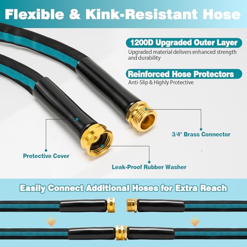 100FT Garden Hose, Kink-Free Non-Expandable Flexible Water Hose with 10-Pattern Spray Nozzle, Lightweight Leakproof Flat Hose with 3/4” Solid Brass Connector for Yard, Lawn & Outdoor Use - size: 100FT