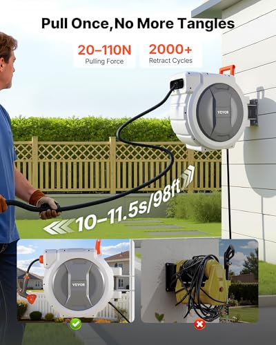 VEVOR Retractable Garden Hose Reel, 1/2 in x 130 ft, Wall Mounted Hose Reel with 9-Function Sprayer Nozzle and 180° Swivel Bracket, Any Length Lock, Automatic Slow Rewind System, for Garden Watering - size: 1/2 in x 130 ft