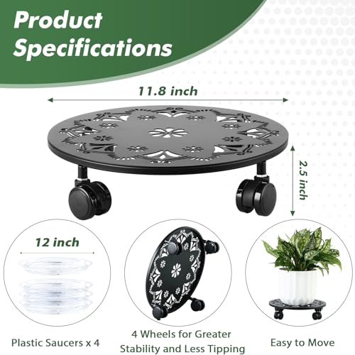 4 Pack Rolling Plant Caddy with Wheels 12 Inch, Plant Rollers with Wheels Metal Plant Caddy with Wheels Heavy Duty Plant Stand for Large Plants, Matte Black Rolling Planter Base, 4 Wheels for Planters - color: black: 12 inch