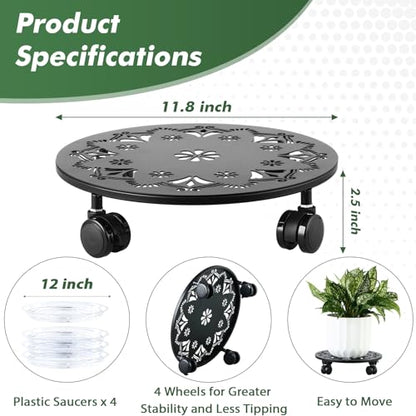 4 Pack Rolling Plant Caddy with Wheels 12 Inch, Plant Rollers with Wheels Metal Plant Caddy with Wheels Heavy Duty Plant Stand for Large Plants, Matte Black Rolling Planter Base, 4 Wheels for Planters - color: black: 12 inch