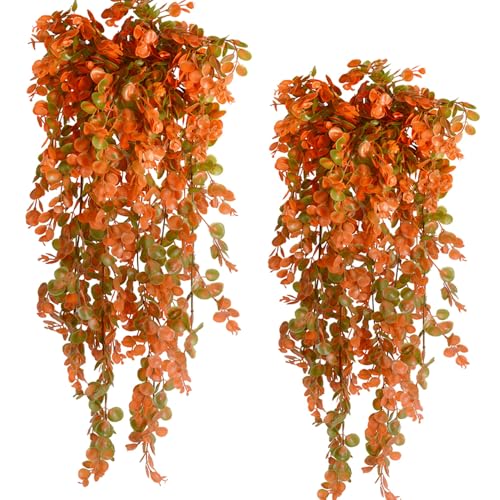 2pcs Artificial Hanging Fall Plants Fake Hanging Plant Faux Eucalyptus Leaf Greenery Vine Outdoor UV Resistant Plastic Plants (2, Fall Orange) - color: Fall Orange