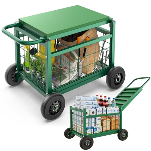 Extra Large Garden Cart with Seat, 3-in-1 Rolling Workseat with Wheels - color: Green, size: Extra Large