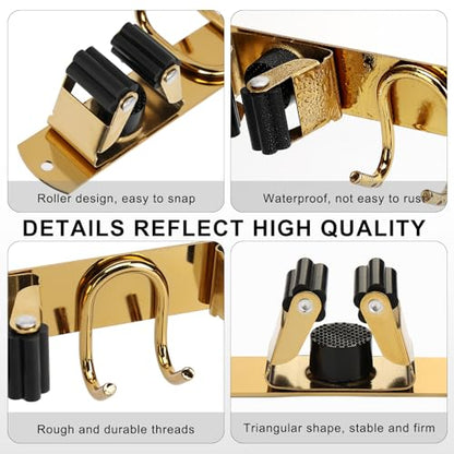 Mop Broom Holder Wall Mount, Gold Stainless Steel Tool Storage Organizer for Kitchen Garden Garage Laundry Room Bathroom and RV with 4 Slots 6 Hooks - color: Gold-1 Pack