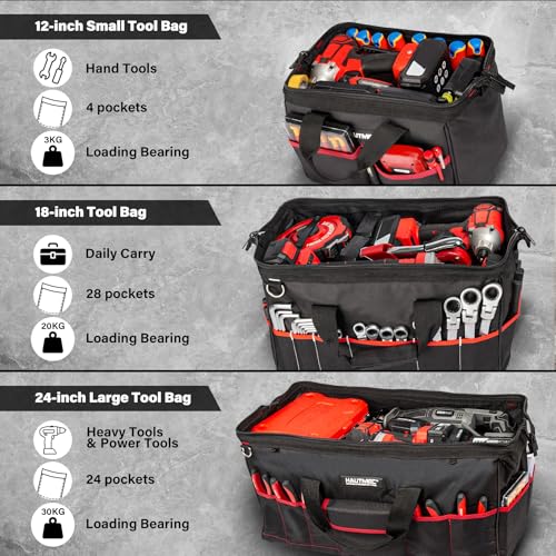 HAUTMEC 3-Piece Large Tool Bag Set (12” / 18” / 24”), Heavy-Duty 1680D Wide Mouth Tool Bag with Metal Frame, Foldable Tool Tote Bag with Non-Slip Base, Double Zippers & Padded Shoulder Strap – HT0297 - style: 3-Piece Set | 12"/18"/24"