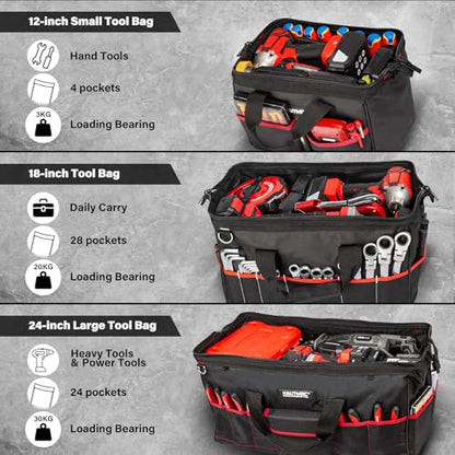 HAUTMEC 3-Piece Large Tool Bag Set (12” / 18” / 24”), Heavy-Duty 1680D Wide Mouth Tool Bag with Metal Frame, Foldable Tool Tote Bag with Non-Slip Base, Double Zippers & Padded Shoulder Strap – HT0297 - style: 3-Piece Set | 12"/18"/24"