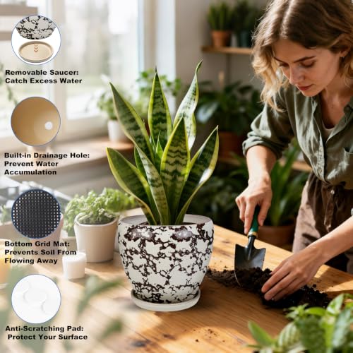 Ceramic Plant Pots With Saucer & Drainage Hole, 10 inch Indoor Flower Pots - color: White, size: 10 inch