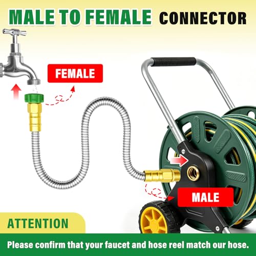 Short Garden Hose with Female to Male Metal Connector 5FT, 304 Stainless Steel Leader Hose for Hose Reel, Flexible & Kink-Free, Lightweight, No Leak Outdoor Water Pipe Extension Adapter - size: 5 FT