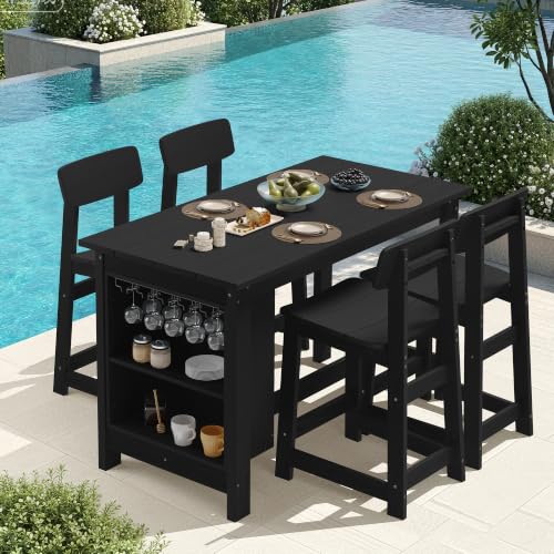 SERWALL 5-Piece Outdoor HDPE Counter-Height Bar Set with 4 Stools, Black - color: Black, size: 5 Piece Bar Set