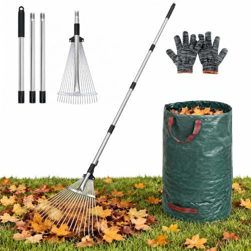 Rake for Leaves 18 Teeth, 8-17" Adjustable Width Metal Rake - size: 8"-17" Wide, 34"-66" Long
