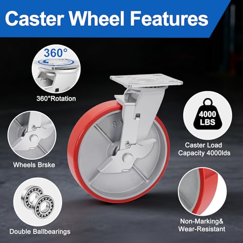 Nefish 8 Inch Industrial Casters Set of 4, Heavy Duty Casters with Brake 6000 Lbs, No Noise Polyurethane Wheel on Steel Hub, Swivel Plate Caster Wheels for Toolbox Workbench (4 Swivel & Brakes) - size: 8 IN （Brake）