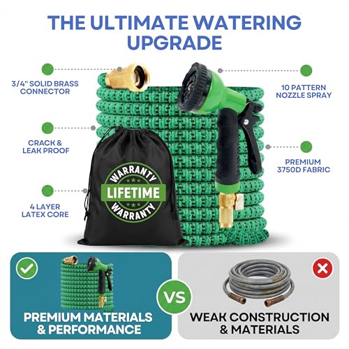 J&B XpandaHose 100ft Expandable Garden Hose, Lightweight, Brass Connectors - color: Green/Black, size: 100ft