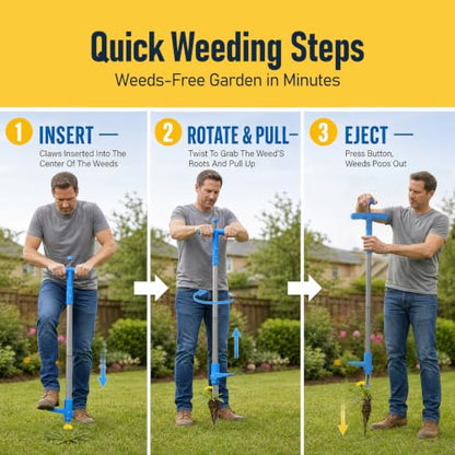 PASAMIC Stand Up Weed Puller Tool, Root-Out Manual Weeder, 3-Claw Steel