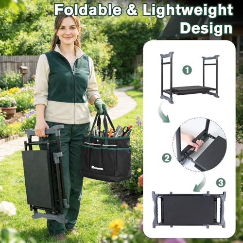 Garden Kneeler and Seat - Extra Wide Thick EVA Pad, Heavy Duty Foldable Garden Bench Holds 350lbs, 2-in-1 Gardening Stool with Detachable Tool Bags, Gardening Gifts for Women, Men & Seniors - color: Black & Green