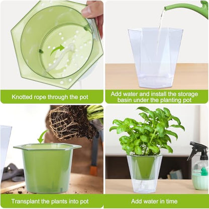 Oliz Self Watering Planter 5 Pcs, 4.5 Inch Flower Plant Pot with Transparent Inner Pot, Gardening Flowerpot with Watering Can, Indoor Self Watering Planter Pot for Herbs, Flowers (Green) - color: Green