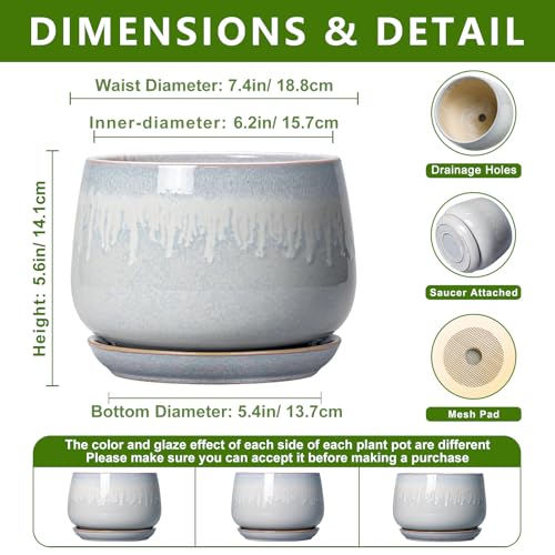 7 Inch Planter Indoor, Ceramic Pots for Plants, Grey-White - size: 7 Inch, style: Grey-white