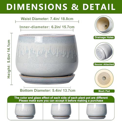 7 Inch Planter Indoor, Ceramic Pots for Plants, Grey-White - size: 7 Inch, style: Grey-white