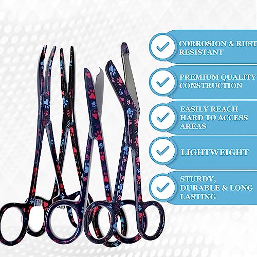 5 pc Bandage Scissors 5.5", Stitch Scissors 4.5", Hemostat 5.5" Straight & Curved, Diagnostic Penlight Made of Premium Quality Stainless Steel - For Emergency Training Supplies & First Aid Kit (Black) - color: Black