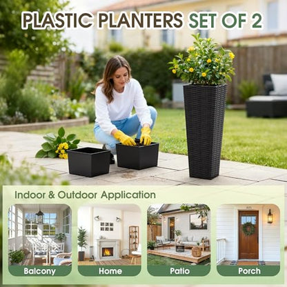 Greesum 23 Inch Tall Plastic Planters with Rattan Texture – Set of 2, Black - color: Black, size: 24" without Tray