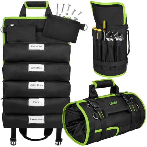 Tool Bag,Large Roll Up Tool Bag Organizer,13 Pockets Tool Roll Storage Pouch,Heavy Duty Portable Tool Storage Carrier Bag for Men,Mechanic,Electrician,Valentines Day Gifts for Men,Black/Green - color: Black+Green