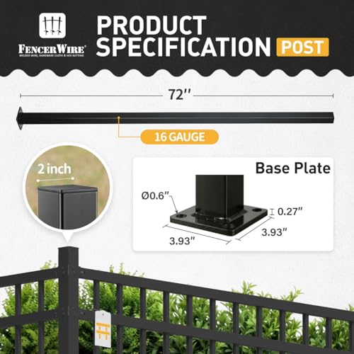 Fencer Wire 6 FT Metal Fence Post with Flange, Heavy Duty 16 Gauge Outdoor Patio Steel Fencing Border Post with Base Plate and Cap, Anti-Rust 2” Diameter Decorative Garden Flange Post, Single - color: Pack of 1, size: 6 FT