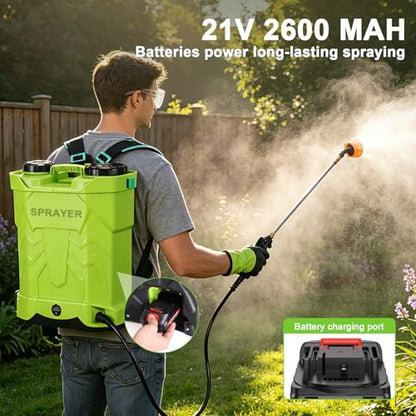 Battery Powered Backpack Sprayer 5.3 Gallon,Electric Garden Sprayer with 100 PSI Adjustable Pressure, Rechargeable 21V 2.6Ah Battery,8 Nozzles (Includes Telescopic Wand) for Lawn,Yard,Garden - color: Green