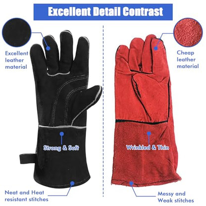 QeeLink Welding Gloves for Men - Fireproof Leather and Stitching - color: Black