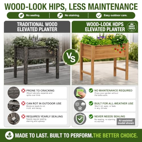 YEFU 34" Small Garden Planter, Wood-Look HIPS Compact Planter Box, Teak - color: Teak, size: 34"×18"×30"