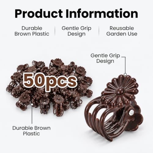 Garden Plant Clips, Brown Orchid Stem Support Clamps for Vine Training, Flower Stake Holders, 50 Count Pack - color: Brown