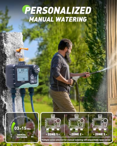 RAINPOINT 3 Zone Water Sprinkler Timer with Brass Inlet, IP65 Waterproof Hose Irrigation Timer, Rain Delay Manual Auto Watering System with Large LCD Display for Yard Lawn Garden, 2027 New Version - color: Light Grey