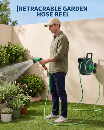 Garvee Retractable Garden Hose Reel, 1/2 IN x 65 ft Wall Mounted Heavy Duty - size: 1/2'' 65FT
