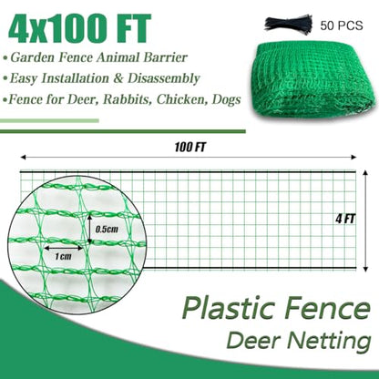 Garden Fence 4 x 100 FT, 0.4" Mesh Plastic Fencing, 50 Zip Ties Included - size: 4ftx100ft