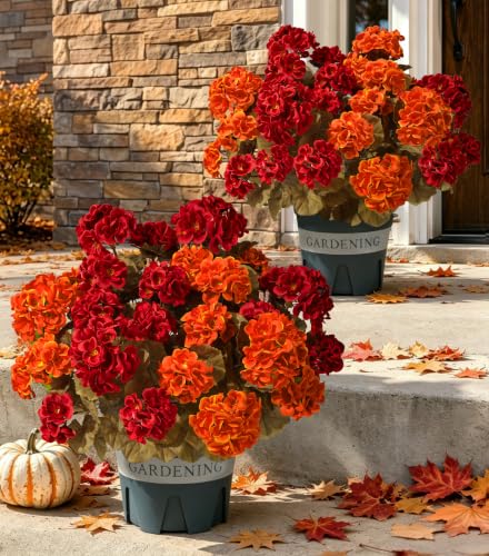 Geraniums Fall Flowers Artificial Flowers for Outdoors Autumn Decor, 2 Pack Potted Plants Faux Geraniums Bush Realistic UV Resistant Fake Flowers Greenery for Outside Porch Patio Yard Indoor, Mix - color: 6 Red, 6 Orange
