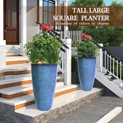 2 Pcs Pack 21 Inches Plastic Resin Tall Tapered Planter Pots Large Round Planter Flower Pot with Drainage Holes for Indoor Outdoor Deck Porch Garden Home Patio Front Door (Blue, L) - color: Blue