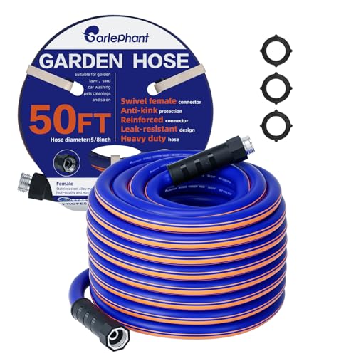 garden hose 50 ft x 5/8Inch, Hybrid Rubber 50 ft water hose, Durable, Anti-UV, Sturdy, No-Leakage, Lightweight, Flexible, Heavy Duty garden hoses with Swivel Handle - size: 50FT Male to Female