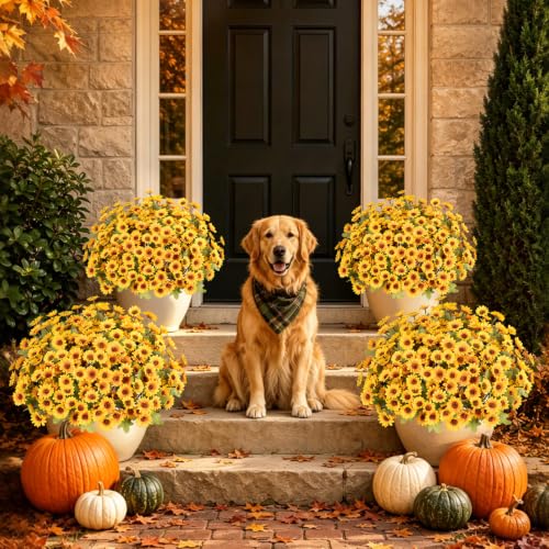 12 PCS Artificial Mums for Outdoors, UV Resistant Fake Fall Flowers - color: Yellow