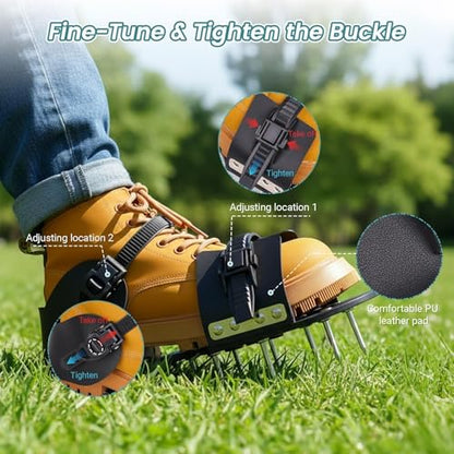 Lawn Aerator Shoes - Heavy Duty Lawn Aerator Tool for Grass with Cleaning Shovel & 6 Extra Spikes, Easy Assembly with Upgraded T-Wrench, Manual Garden Soil Aeration Tools for Yard Care