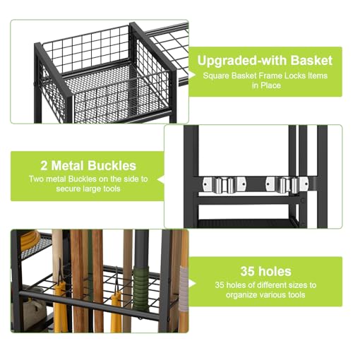 Garden Tool Organizer with Basket, 3-Tier Yard Storage Rack for Garage - size: XL-29.5"W x 12"D x 31.2"H
