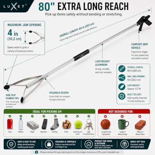 Luxet Reacher Grabber Tool X-Long 80" Aluminum Suction Cup Jaw, Foldable Lightweight Reacher Grabber Pickup Tool, Gripper Grabbers for Elderly Grab it Reaching Tool Trash Picker Grabber (Black)