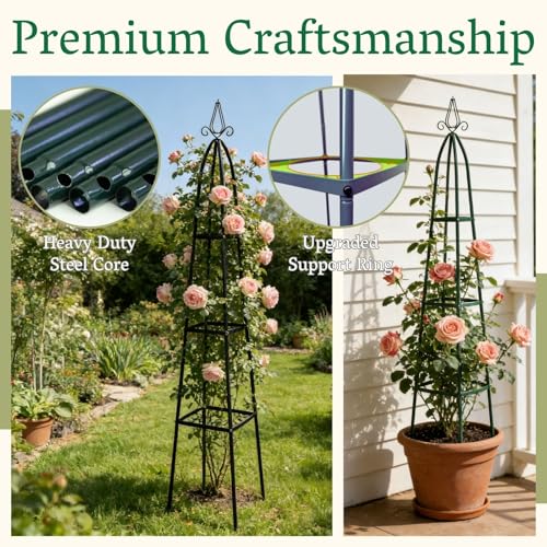 100% Metal Garden Obelisk Trellis for Climbing Plants Outdoor | Powder-Coated Steel Tall Garden Teepee Trellis | Sturdy Vertical Plant Support for Potted Plants Peas, Beans, Squash Outdoor & Indoor