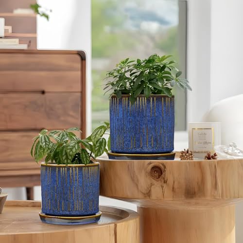 GnFlus Ceramic Plant Pots with Drainage Holes, Set of 2, 4.3+5.1 Inch Stripe Garden Planter Pots for Outdoor Indoor Plants Flower, Round Succulent Orchid Flower Pot Blue - color: Blue & Gold