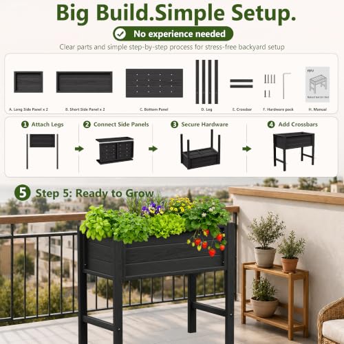 YEFU 34" Small Garden Planter, Wood-Look HIPS Compact Planter Box, Black - color: Black, size: 34"×18"×30"