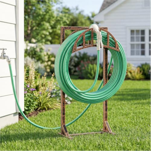 YQSLYSF Garden Hose Holder, Water Hose Stand with 4 Stake and 2 Tool Hooks, Heavy-Duty Metal Hose Storage Holds 150Ft, Freestanding Hose Hanger Rack for Outside, Yard, Lawn, Farm（Antique Bronze）
