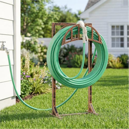 YQSLYSF Garden Hose Holder, Water Hose Stand with 4 Stake and 2 Tool Hooks, Heavy-Duty Metal Hose Storage Holds 150Ft, Freestanding Hose Hanger Rack for Outside, Yard, Lawn, Farm（Antique Bronze）