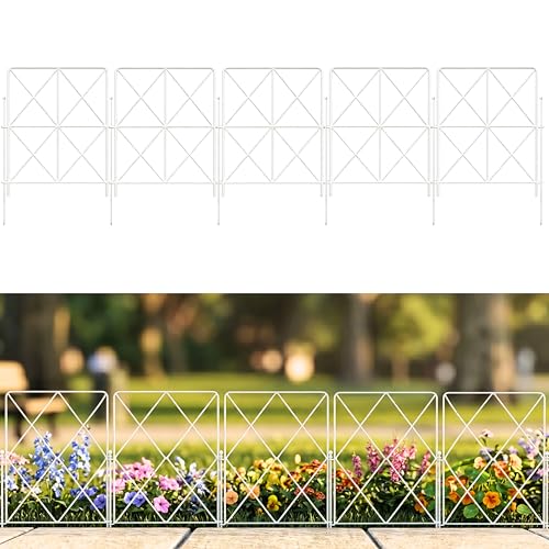 ShopLaLa Garden Fence (10 Panels) 12.5in(L) x 16.5in(H) Decorative White Metal Wire Diamond Fencing, Rustproof Animal Barrier for Dogs, Flower Bed Edging Fences Yard Patio Border Outdoor Decoration - size: 10 panels