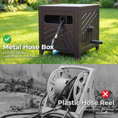Garden Hose Reel Hideaway, Heavy Duty Metal Hose Reel Box for 125FT x 5/8" Hose, Steel Hose Storage Reel with Manual Crank Handle, Hose Guide System, Leak-Proof Aluminum Fittings, Stable 4-Leg Base